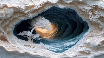 Obraz premium Intricate Paper Art Landscape with Trees and Cavernous Depths in Soft Blue and Beige Tones