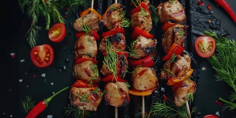 Shish kabobs cooked on a grill with colorful vegetables.