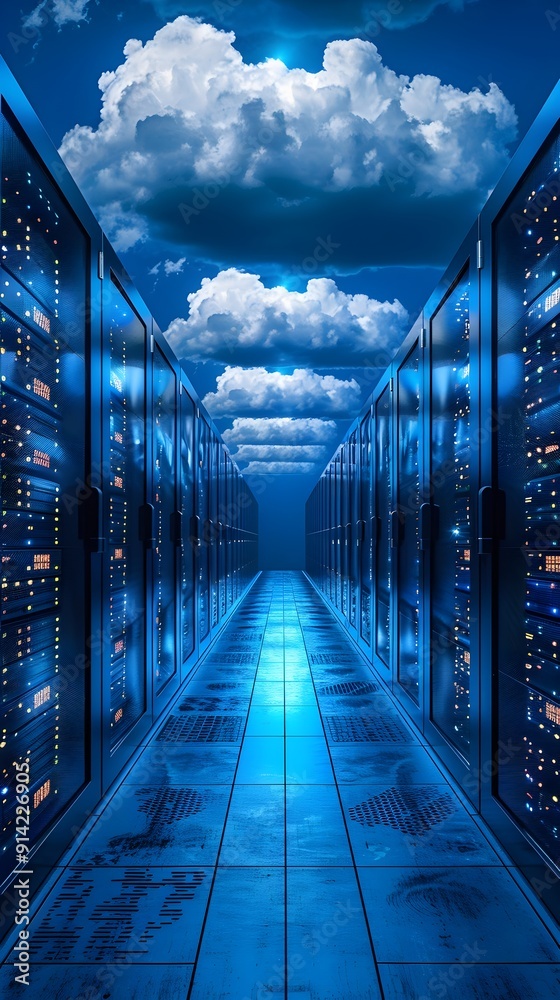 Poster futuristic data servers in the cloud efficient and secure cloud computing concept