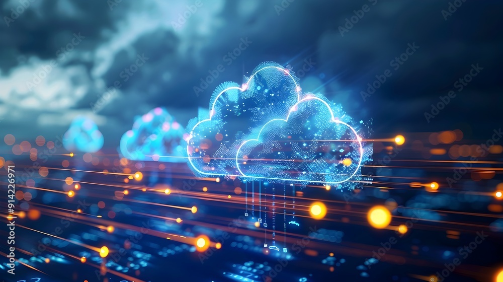 Poster virtual cloud storage concept with floating data icons and streams innovative and modern cloud compu