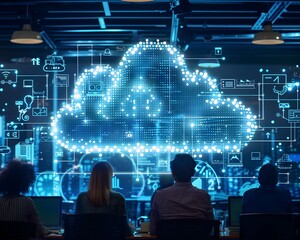 Diverse Team Collaborating on Dynamic Cloud Computing Platform in Modern Office