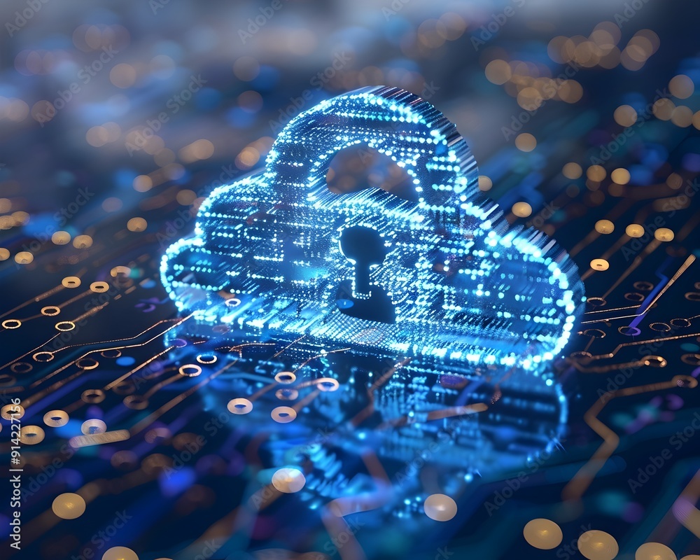 Poster advanced digital cloud security with padlocked data flow and computing concept