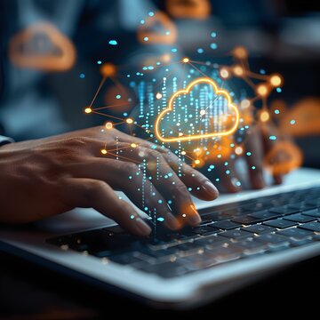 Hands Typing on Laptop with Cloud Icons Above Efficient Remote Work Concept