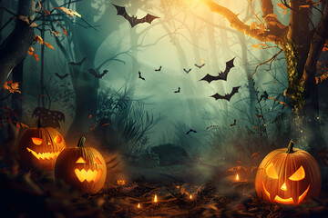 Pumpkins and bats in the cemetery