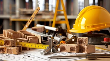 Construction site tools, brick, tape measure, blueprint, yellow hardhat.