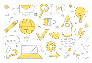 Set with internet elements. Web technology concept. Hand-drawn vector illustration.