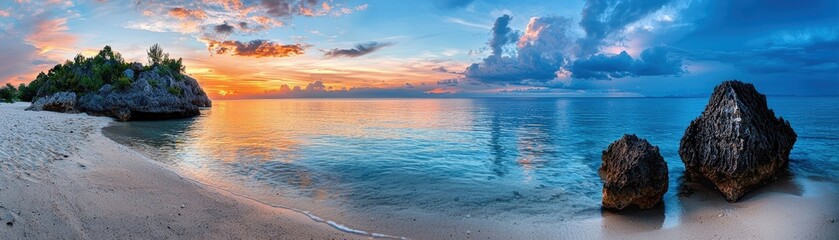 Fototapeta premium Stunning seascape at sunset, featuring calm water, rocky formations, and a vibrant sky filled with colors. Perfect for travel inspiration.