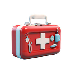 Obraz premium Red first aid kit with a white cross and various medical supplies isolated on transparent background cutout, PNG file