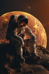 An astronaut sits on a rocky surface, gazing at the distant planet