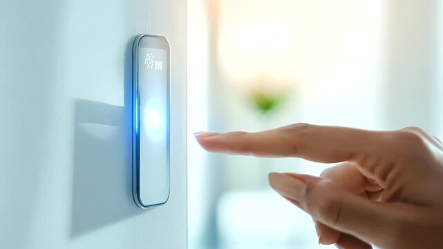 young woman touching the digital screen on the home alarm and typing the password code. This image illustrates the safety and security system with keypad buttons for household control and protection o