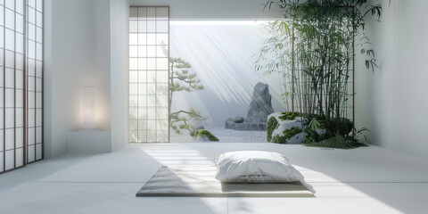A modernist, all-white room with a single tatami mat, accented by a single shoji screen and a floating Japanese garden print.