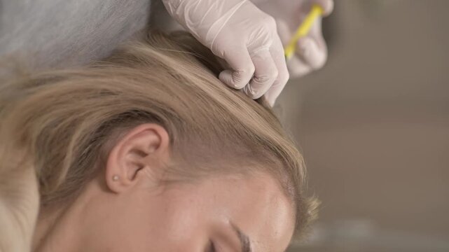 Close-up shot of plasma injections anti hair loss procedure. female patient prp procedure for hair regrowth