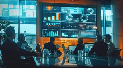 A group of business professionals gather around a table in a modern office, discussing data displayed on a large screen.