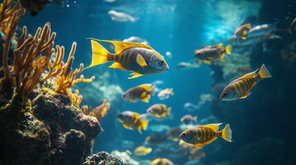 Fototapeta premium Vibrant underwater scene with colorful fish swimming among corals in a marine habitat
