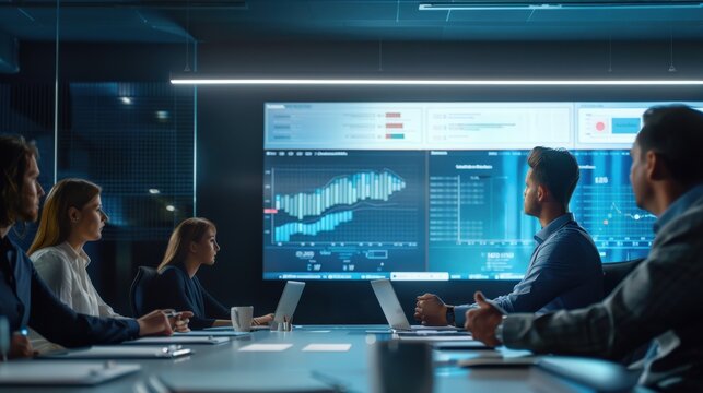 A group of business professionals gather in a modern meeting room, focused on a large screen displaying data and graphs.