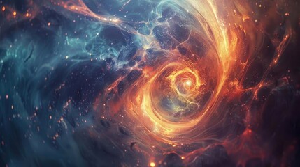 Stunning cosmic swirl of fiery orange and blue hues, depicting a mystical space phenomenon with vibrant colors and dynamic motion.