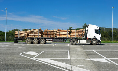 articulated truck with trailer with cut logs