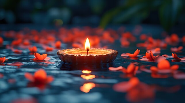 A close-up of a diya floating on water with flower petals during Diwali