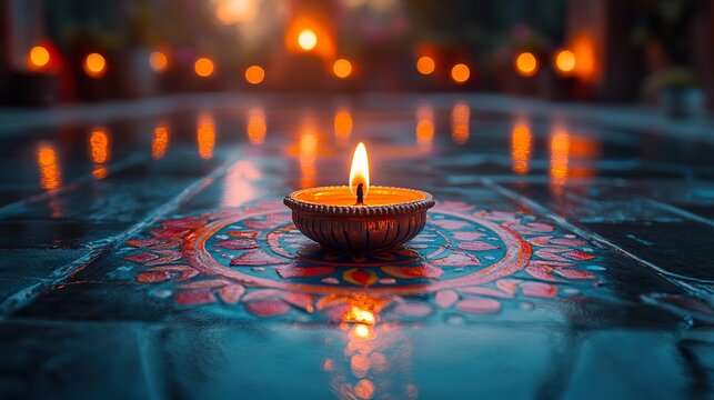 A close-up of a diya placed in front of a rangoli design