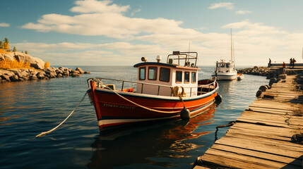Fototapeta premium A boat is docked at a pier closeup view