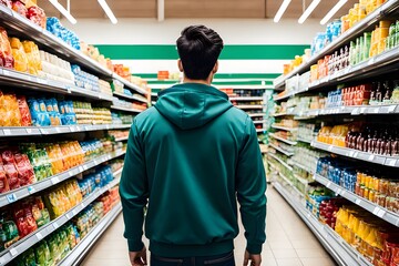 Back view of a man shopping in supermarket. Generative ai