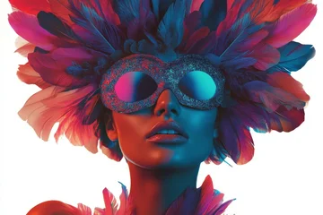 The image above shows a woman wearing a brightly colored carnival mask isolated on a transparent background