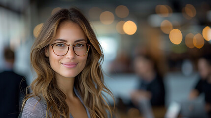 Fototapeta premium A young businesswoman with glasses standing with her arms crossed smiling in a modern office.