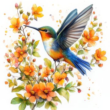 recommend clip art: Hummingbird watercolor clipart bird on yellow flowers