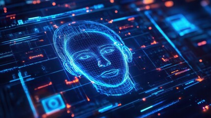 A secure system for know your customer KYC identification protection, futuristic, hologram, neon blue, hightech