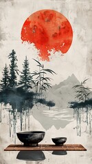 An illustration in asian style of tree is on a rock in front of a red sun