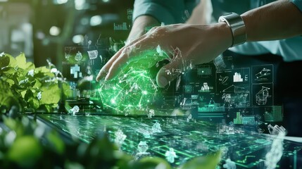Obraz premium Best practices in waste recycling, technicians demonstrating ecofriendly methods, digital diagrams, lush green backdrop, Environmental, Mixed media