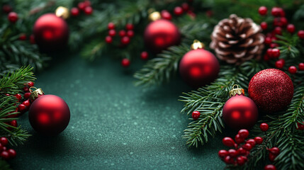 Fototapeta premium Unusual New Year background with fir trees and garlands of pine cones close-up