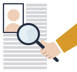 Illustration of a hand holding a magnifying glass on a paper work document