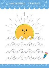 Simple educational game for kids. Vector handwriting practice sheet with sunset on the sea