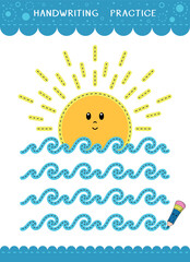 Simple educational game for kids. Vector handwriting practice sheet with sunset on the sea