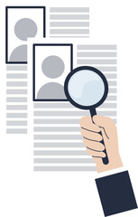 Illustration of a hand holding a magnifying glass on a paper work document