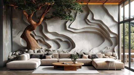 3D relief wallpaper with a white couch with a tree on it and a tree wall art oil painting