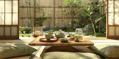 Tea Ceremony: A low table set with matcha green tea and traditional Japanese sweets, surrounded by seating pillows.