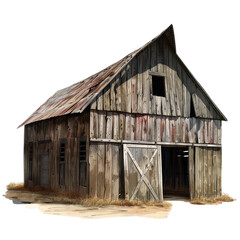 Naklejka premium Rustic wooden barn with weathered planks and a tin roof, set against a simple natural background. PNG transparent background.