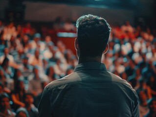 Man in dark shirt addressing crowd at event.