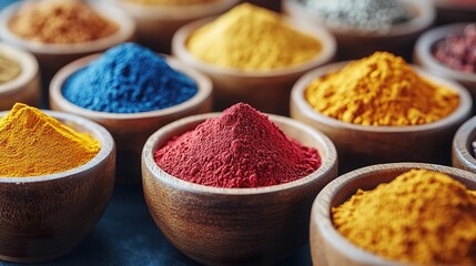 A close-up of colorful rangoli powders arranged in bowls, ready for making designs