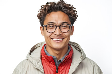 Obraz premium Portrait of a smiling young man with curly hair wearing glasses and a hooded jacket