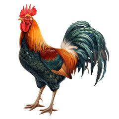 Fototapeta premium Vibrant rooster with colorful plumage, showcasing beauty and grace in a farm setting. PNG transparent background.