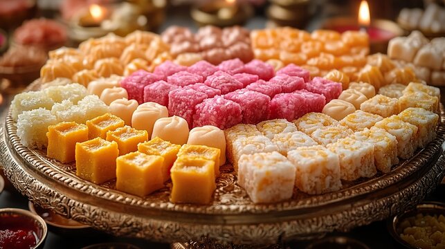 A close-up of Diwali sweets arranged on a decorative platter