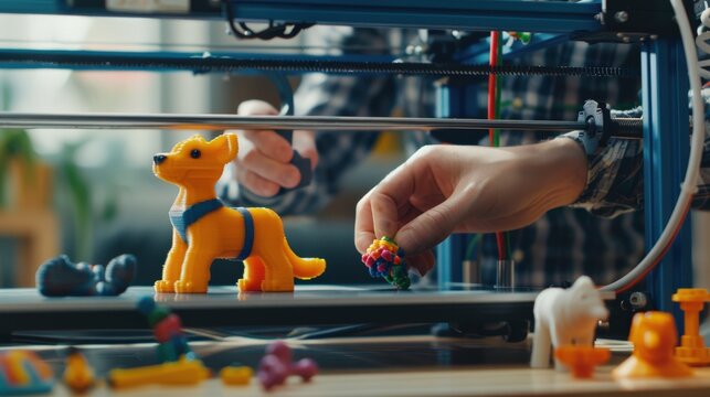 A hand reaches towards a small, yellow, 3D printed dog figurine on a table near a 3D printer.