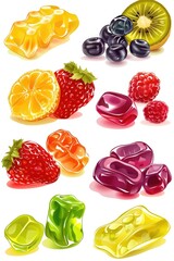 Fototapeta premium Brightly colored fruit candy, including gummy bears, jelly beans and other sweet treats. A delightful assortment of flavored sweets.