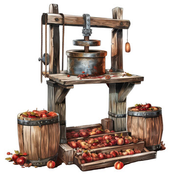 Vintage apple cider press with wooden barrels and fresh apples, perfect for autumn harvest and rustic-themed projects. PNG transparent background.