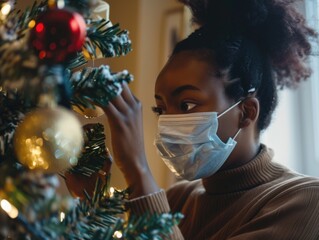 A person wearing a face mask is decorating a Christmas tree with ornaments. The scene captures the spirit of holiday traditions and safety measures in the context of pandemic celebrations.