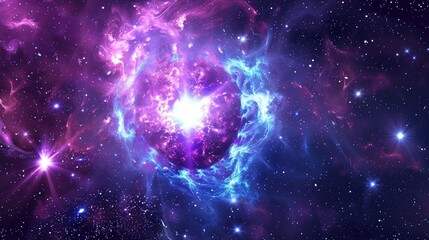 Obraz premium Stunning cosmic explosion in deep space with bright purple and blue hues, depicting the beauty and vastness of the universe and stars.