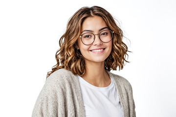 Obraz premium Portrait of a young woman wearing glasses and a cardigan, smiling